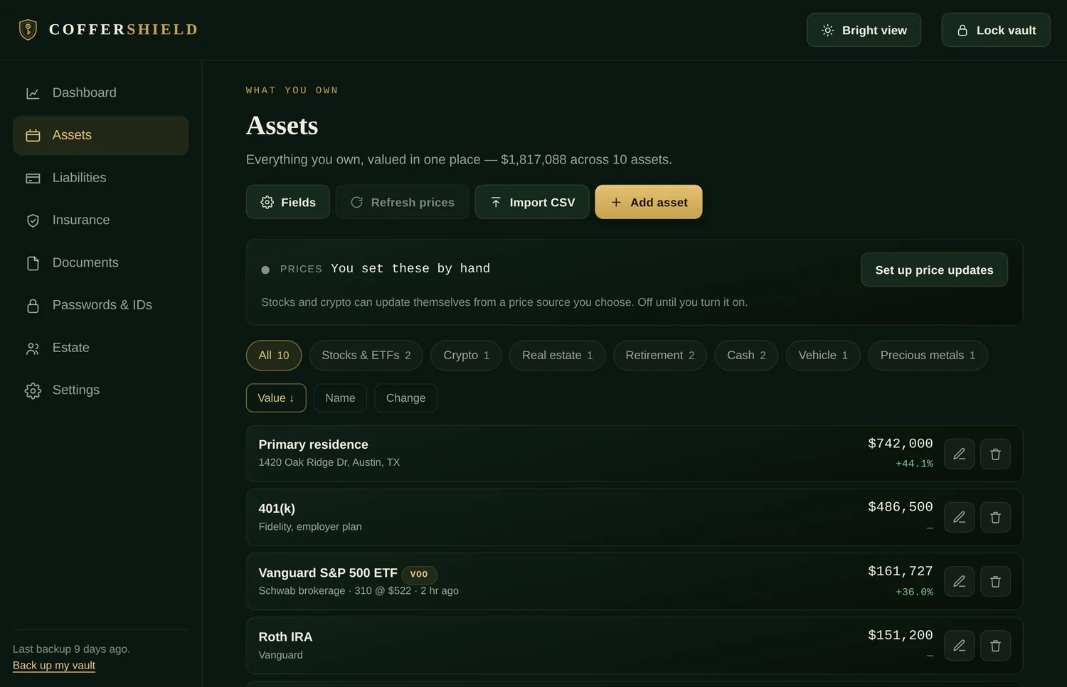 The Assets screen: ten holdings totalling $1,817,088, valued in one place