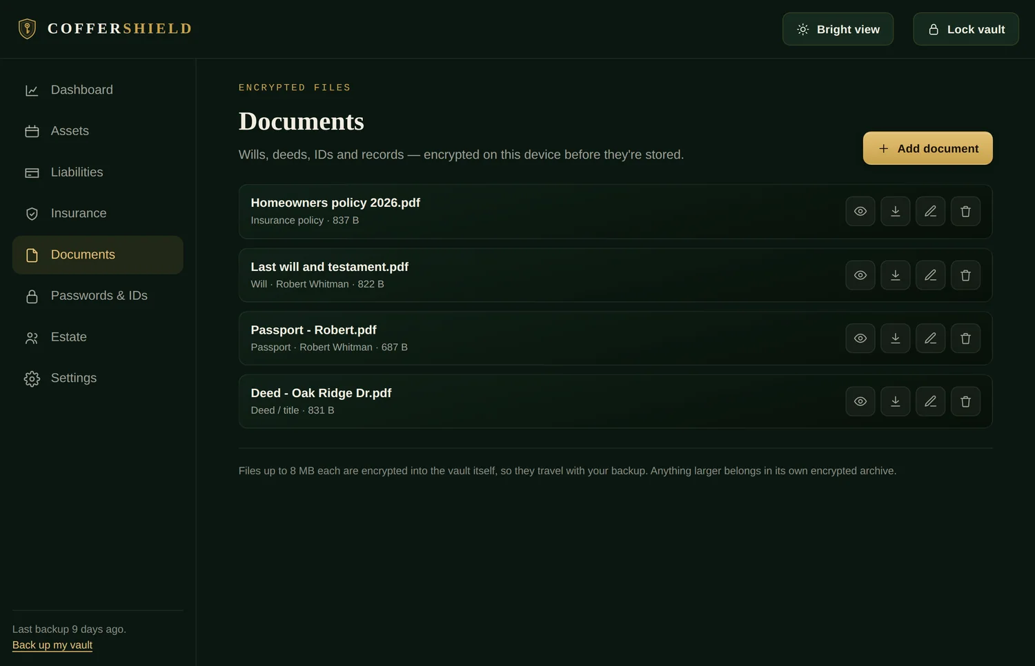 The Documents screen: a will, a deed, a passport and a policy stored inside the vault file