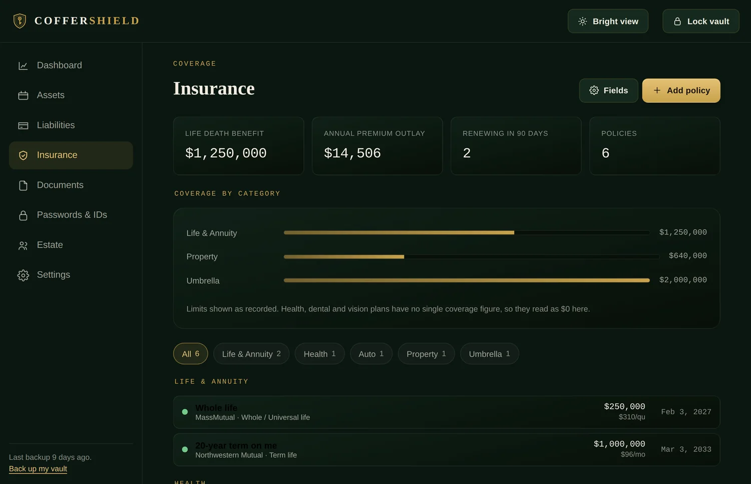 The Insurance screen: six policies across life, health, auto, property and umbrella