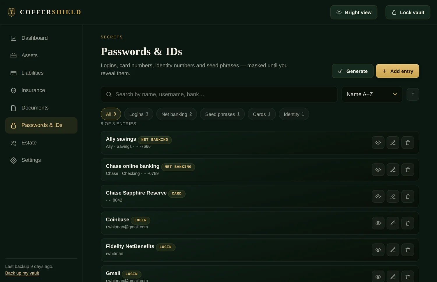 The Passwords & IDs screen, with every secret masked until revealed